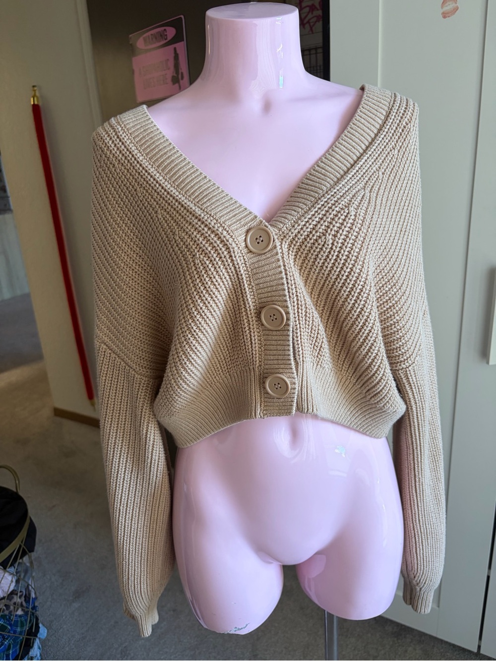 H&M Beige Cropped V-Neck Button Cardigan